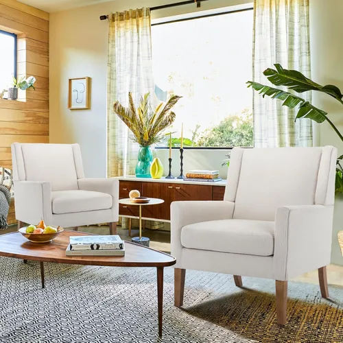 Vista 6 de COLAMY Silla moderna de ala para sala de estar, sillón tapizado de tela, sofá individual con asiento de salón y patas de madera para Beige
