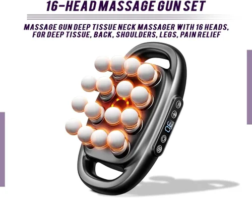 Vista 2 de Pistola de masaje muscular de múltiples cabezas. Masajeador de percusión de tejido profundo de 16 cabezales, dispositivo de mano inalámbrico