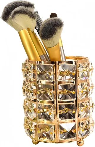 Organizador de brochas de maquillaje, caja de almacenamiento de cosméticos con cristales brillantes para cepillos, peines y bolígrafos, contenedor