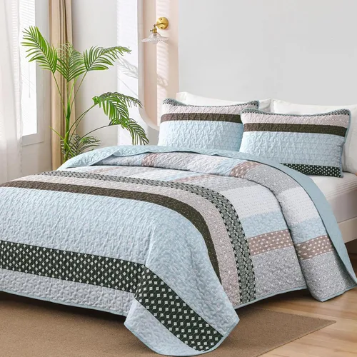Vista 16 de WONGS BEDDING Juego de edredón Boho tamaño Queen, juegos de colcha a rayas bohemio de 3 piezas, juego de ropa de cama acolchada en verde caqui