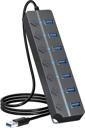 Vista 8 de ONFINIO Hub USB 3.0, divisor de concentrador USB de 7 puertos con interruptores individuales de encendido/apagado y luces, cable de 3.2 pies/1m