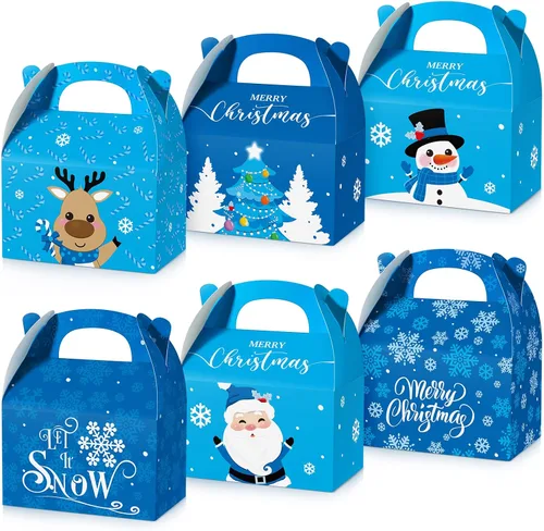 TaoBary 24 cajas de dulces de Navidad de cartón con asas, cajas de regalo de Navidad 3D con impresión vibrante para regalos de fiesta, dulces de