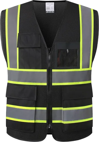 Vista 13 de Chaleco de seguridad para mujer, chaleco de alta visibilidad con 8 bolsillos y cremallera frontal, chaleco reflectante de malla que cumple
