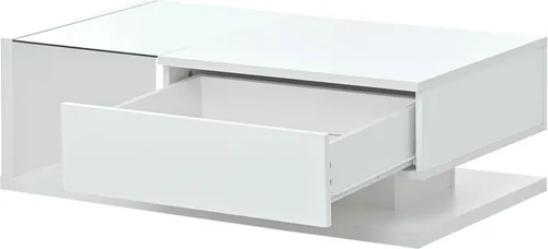 Vista 8 de Mesa de centro moderna con almacenamiento, mesa de cóctel de madera con superficie UV de alto brillo, mesas de centro rectangulares de 2 niveles