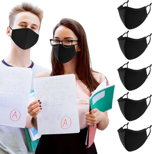 comfso Paquete de 5 máscaras faciales de tela transpirables y reutilizables de 3 capas con cinta ajustable para las orejas, lavables, unisex, a