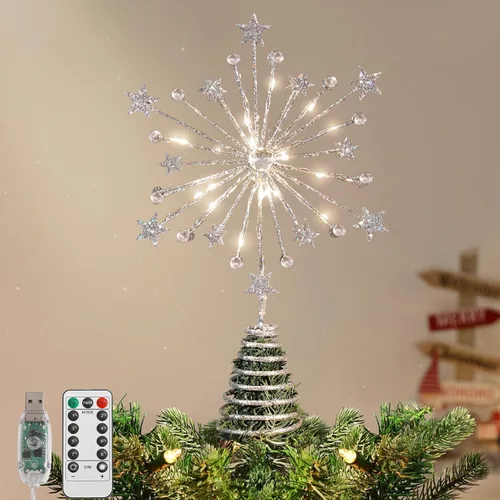 Vista 20 de Lewondr - Estrella para punta de árbol de Navidad de 15.35 pulgadas, 20 luces LED, USB y control remoto, diseño de estrella de Belén Polaris