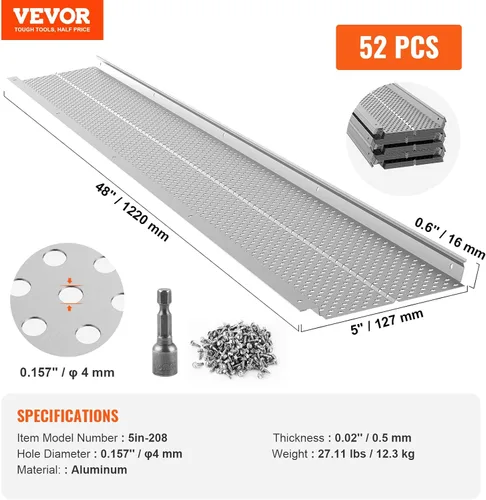 Vista 7 de VEVOR Protector de canalón, 5 pulgadas de ancho, filtro de hoja de aluminio, cubierta de canalón para bricolaje, 52 piezas de 208 pies de longitud