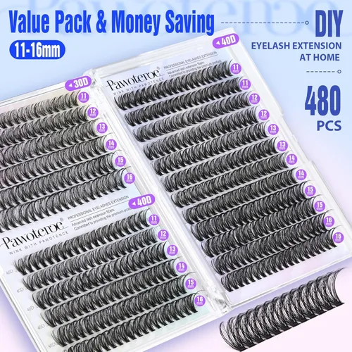 Vista 123 de Kit de extensión de pestañas Pawotence DIY 280 piezas, racimos de pestañas, kit de extensión de pestañas, 9-16mm, 30D, 40D, pestañas individuales