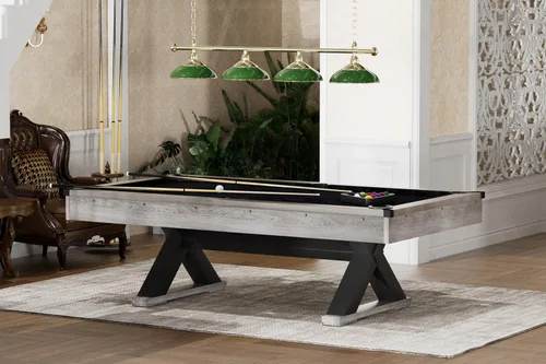 Vista 4 de Mesa de billar de 84 pulgadas con bolas de billar, tacos, tiza para taco de billar, cepillo de limpieza, patas en X, tela negra, gris rústico, 84.1