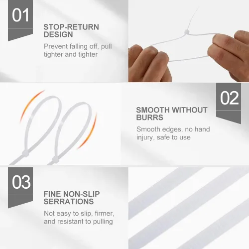 Vista 4 de Bridas de cables con cremallera de 8 pulgadas (100 piezas), ataduras de cable de nailon de alta calidad con autobloqueo, color blanco resistente