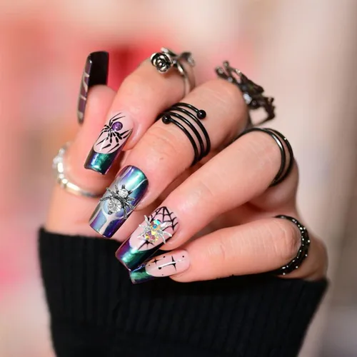 Vista 2 de 36 dijes de uñas de araña de Halloween, oro plateado, rojo, negro, aleación de diamantes de imitación de cristal