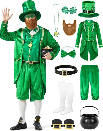 Disfraz de duende del día de San Patricio para hombre, 11 piezas, traje de trébol irlandés verde para adultos, conjunto de traje de fiesta de San