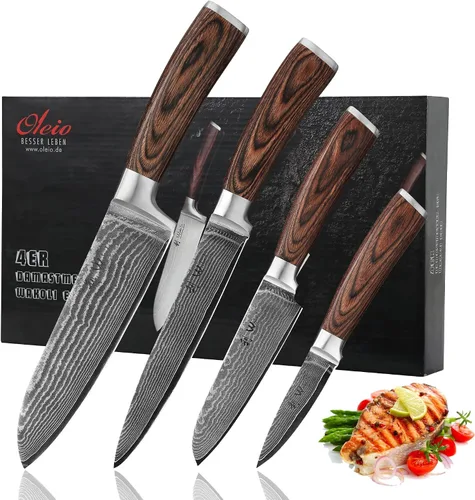 Wakoli EDIB - Juego de cuchillos de damasco de 4 piezas, cuchillos de chef profesionales con cuchillas de núcleo VG10, acero de Damasco de 67 capas