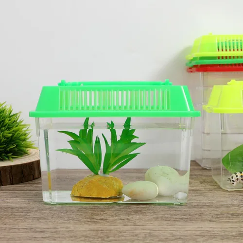 Vista 7 de POPETPOP Mini tanque de peces portátil con asa, acuario transparente de plástico, tanque de tortugas pequeñas, funda de cría de reptiles, tanque