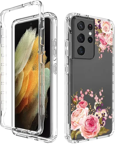 Vista 6 de Funda para Galaxy S21 Ultra 5G, SM-G998U con protector de pantalla de vidrio templado, carcasa rígida de diseño floral de cuerpo completo + funda