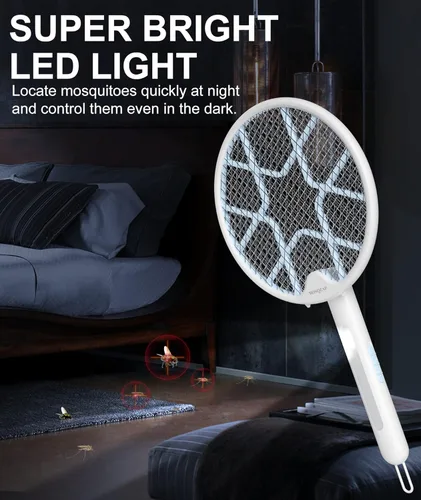 Vista 7 de Matamoscas eléctrico, raqueta plegable para exterminador de insectos, matamoscas electrónico de 3,500 voltios con atractor de luz púrpura