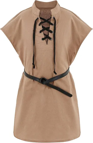 Vista 11 de Camisetas de pirata renacentista para niños, estilo vikingo, medieval, sin mangas, con cordones, de algodón escocés