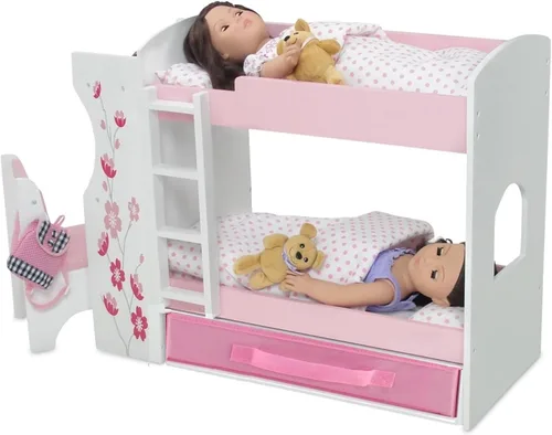Vista 7 de Emily Rose Juego de litera para muñecas de 18 pulgadas con escritorio y almacenamiento, muebles de casa de muñecas de madera con ropa de cama