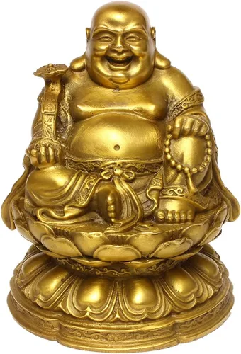 Feng Shui Brass Maitreya Buda riendo sentado en la estatua de flor de loto regalo decorativo para el hogar