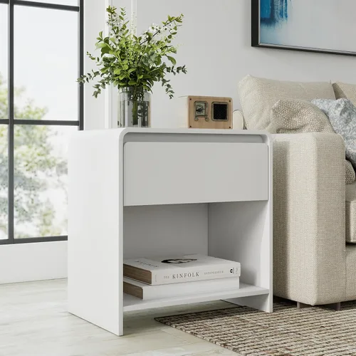 Vista 11 de Wood Night Stand Set of 2, Modern Bedside Table with Curved Profile Design, Large End Table with Drawer and Open Storage for Bedroom, Oak