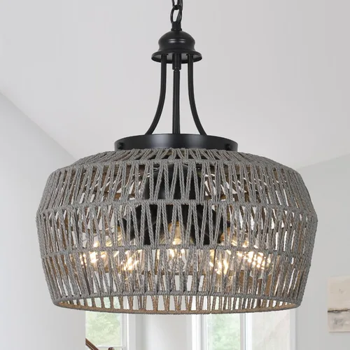 Vista 11 de HMVPL Lámpara de araña de granja para comedor, 3 luces, estilo bohemio, de ratán, lámpara colgante de techo con pantalla tejida, pequeña lámpara