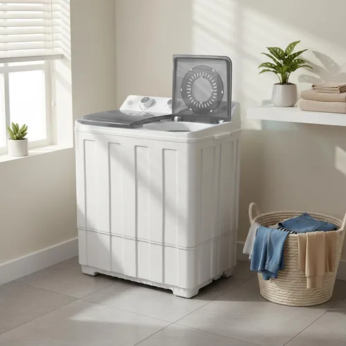 Vista 5 de Lavadora Portátil de 14 libras con Lavado de 9.5 libras y Centrifugado de 4.5 libras, Máquina Lavadora de Doble Tina Compacta con Bomba de Drenaje