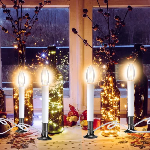 Vista 7 de Hortsun 8 velas eléctricas para ventana con base chapada en peltre, sensor de luz para ventana, gira con encendido/apagado automático