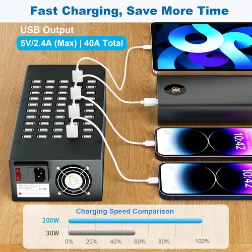 Vista 3 de Estación de carga USB de 50 puertos de 200 vatios (40 A), cargador rápido USB con protección inteligente, múltiples cargadores de escritorio USB
