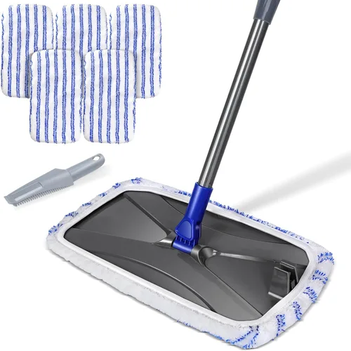 MASTERTOP Trapeador plano de microfibra, mopa extendida para suelos húmedos y secos con 5 almohadillas reutilizables y mango telescópico, mopas