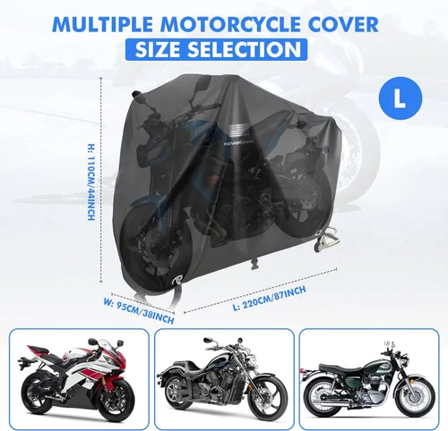 Vista 3 de NEVERLAND Funda impermeable para motocicleta al aire libre – Funda negra resistente para scooter, cubierta de motocicleta con logotipo reflectante