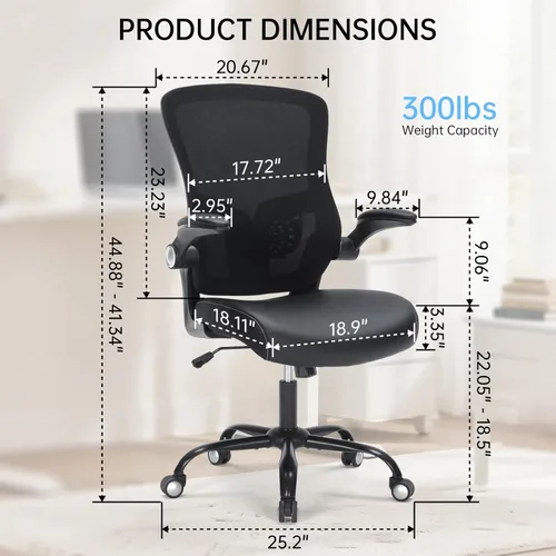 Vista 3 de Silla de oficina ergonómica, respaldo medio, de malla transpirable, silla giratoria para computadora con soporte lumbar ajustable, brazos abatibles