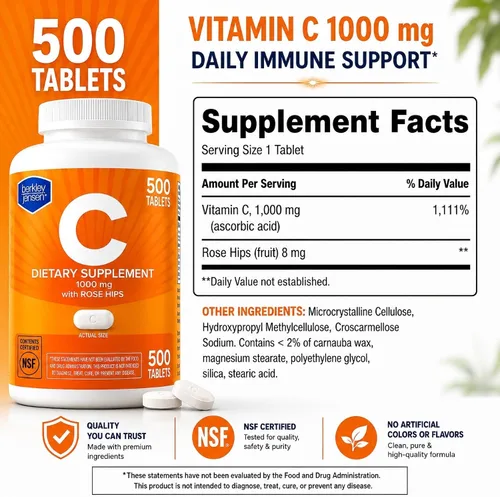Vista 6 de berkley jensen 1000mg Vitamin C Supplement with Rose Hips, 500 Tablets