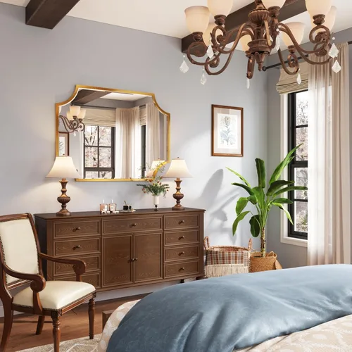 Vista 5 de Kelly Miller Espejo de baño dorado grande de 30 x 40 pulgadas para pared, espejo de tocador festoneado dorado, espejo decorativo con marco biselado