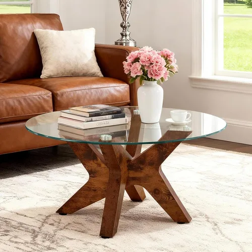 ivinta Mesa de centro redonda de vidrio, mesa central moderna de 31.5 pulgadas con vidrio templado y patas de MDF para sala de estar, oficina, árbol