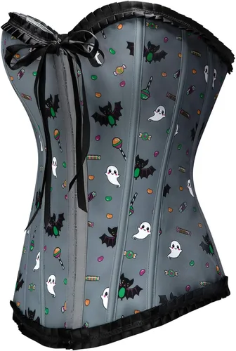 Vista 5 de Littleforbig Top para mujer con cordones deshuesados Overbust corsé Bustier Bodyshaper - Patrón de murciélago de azúcar