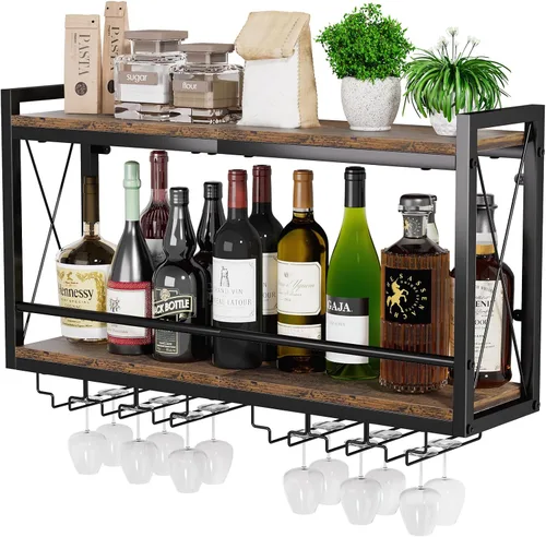 Vista 9 de Shikha - Estante de vino LED montado en la pared con soporte para vidrio Marrón rústico