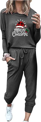 Conjunto de chándal de Navidad de dos piezas para mujer, estampado navideño, manga larga, sin botones, pantalones, traje deportivo de 2 piezas