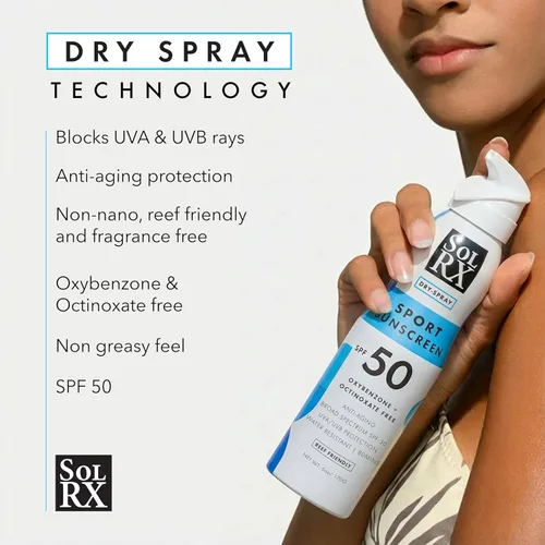 Vista 3 de SolRX SPORT SPRAY SPF 50 Protector solar en aerosol SPF50, apto para arrecifes, protector solar de amplio espectro para cara y cuerpo, libre