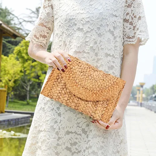 Vista 6 de HJMND Bolso tejido de paja para mujer, bolsa de playa de verano, cartera tipo sobre, bolsa de paja