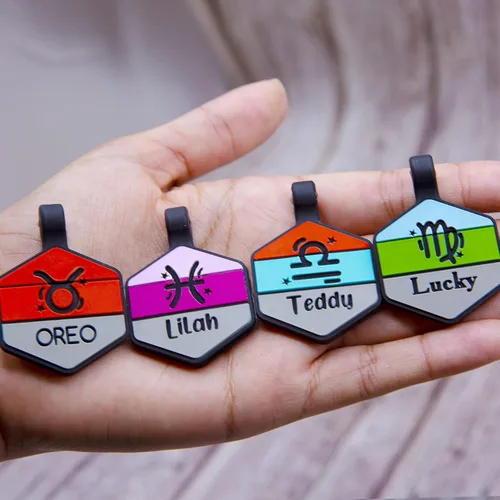 Vista 4 de Placa silenciosa para perro personalizada con 5 líneas de identificación de mascotas de silicona duradera y grabada profundamente, hexágono