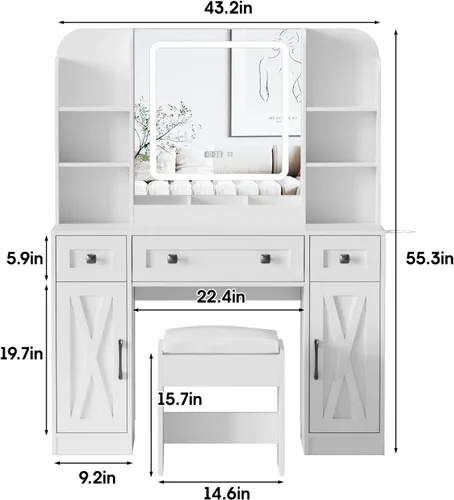 Vista 7 de Vabches Escritorio de tocador de maquillaje, espejo de tocador con luces, escritorio y silla, mesa de maquillaje con 3 cajones grandes y 2