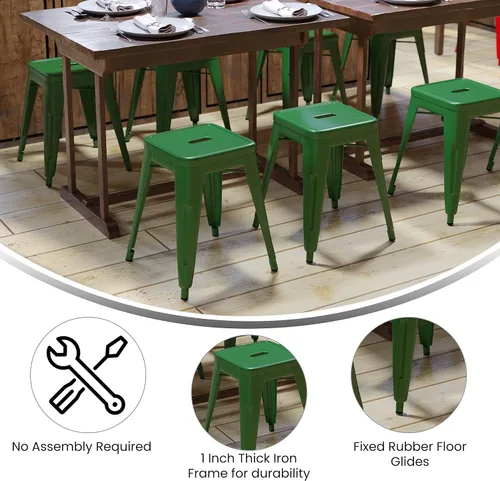 Vista 74 de Flash Furniture Taburete de metal para mesa de comedor, taburete de grado comercial Kai rojo sin espalda, silla de comedor apilable de 18 pulgadas