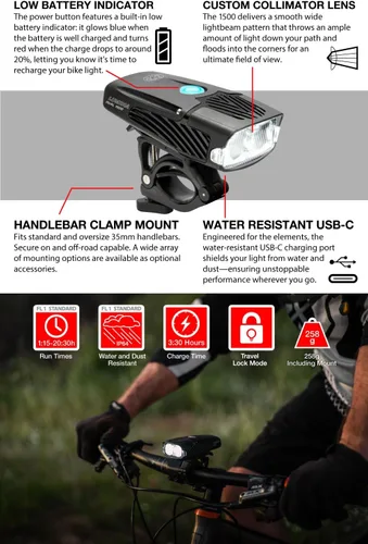 Vista 5 de NiteRider Lumina Dual 1500 Lumen USB-C recargable dual LED luz delantera para bicicleta – 7 modos potentes lúmenes IP64 impermeable faro