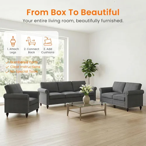 Vista 6 de CECER Juego de sofá de 3 piezas para sala de estar, juego de sofá de tela de lino con ribete de cabeza de clavo, moderno sofá modular tapizado de 6