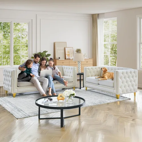 Vista 3 de JEEOHEY Juego de Sofás Chesterfield de 2, Sofá Moderno de Terciopelo con Capitoné y Ribete de Tachuelas, Sofá Tapizado de Asiento Profundo, Sofá