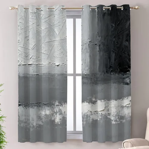 Vista 17 de Shrahala Beige and Orange Abstract Art Brushstrokes Tier Curtains for Kitchen Windows, Abstract Oil Paint Cafe Curtain Multilayer Polyester Blackout