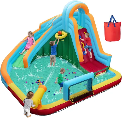 Vista 11 de Boundtech - Casa inflable para saltar, para usar en la alberca, con dos toboganes, pared de escalada, aro de baloncesto, alberca para sambullirse