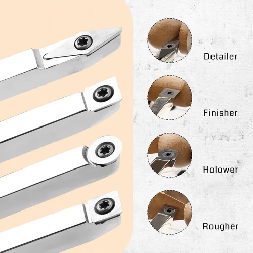 Vista 2 de SainSmart Juego de 4 herramientas de torneado de madera de carburo, diamante redondo y cuadrado, insertos de carburo reemplazables, mango de madera