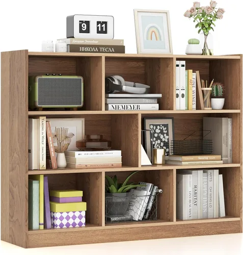 Vista 12 de Estantería de 3 niveles, estantería moderna con 8 cubos de almacenamiento, estantes de almacenamiento de madera, estantes pequeños para espacios