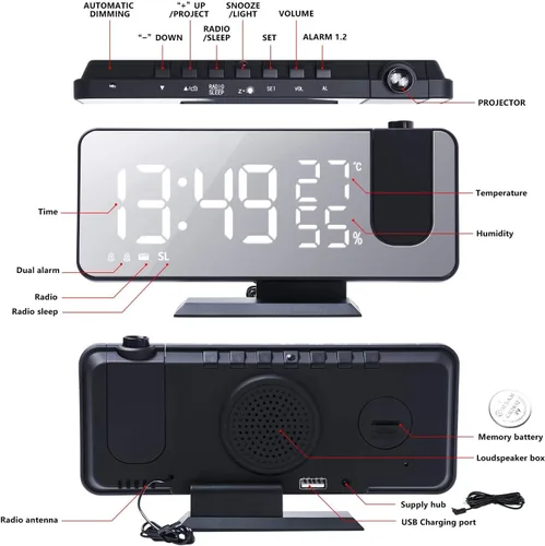 Vista 6 de Reloj despertador de proyección para dormitorio, techo digital, radio con puertos de carga USB, proyector giratorio de 180°, 12/24H, repetición